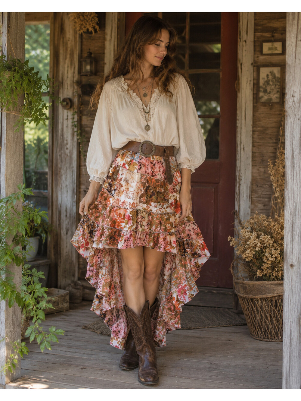 Talisman S Boho Patchwork Floral Cotton Tiered High Low Maxi Skirt Ruffle